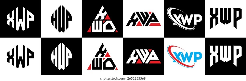 XWP letter logo design in six style. XWP polygon, circle, triangle, hexagon, flat and simple style with black and white color variation letter logo set in one artboard. XWP minimalist and classic logo