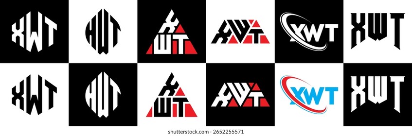 XWT letter logo design in six style. XWT polygon, circle, triangle, hexagon, flat and simple style with black and white color variation letter logo set in one artboard. XWT minimalist and classic logo