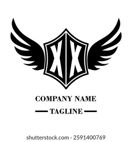 XX bold shield logo with wings, customizable with letters A to Z. Perfect for brands seeking a powerful symbol of strength, freedom, and ambition