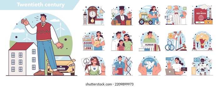 XX century set, modern economical, political and social system development. Science, medicine and technology inventions. Modern people values. Flat vector illustration