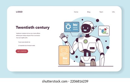 XX century web banner or landing page. Robotics and automation development. Computer science and engineering innovation. Artificial intellegence innovation. Flat vector illustration