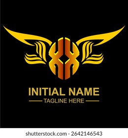 XX Golden Wing Emblem Logo with elegant gold wings, sleek and modern design. Ideal for branding, creative projects, luxury businesses, or artistic ventures.