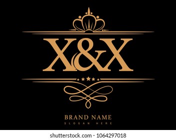 X&X Initial logo, Ampersand initial logo gold with crown and classic pattern