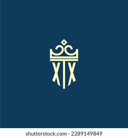 XX initial monogram shield logo design for crown vector image