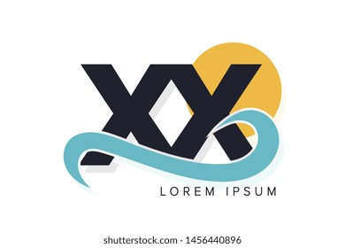 XX letter logo with ocean waves and sunset. Beach concept design