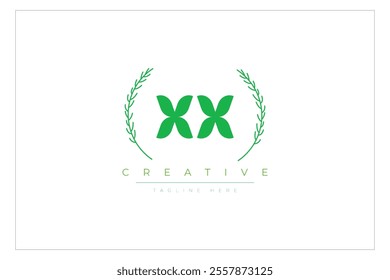 XX letters eco logo with leaf. Fresh nature and healthy leaf logo design.