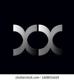 XX monogram logo.Geometric style typographic icon.Company lettering sign.Silver metallic alphabet initials isolated on dark fund.Abstract letter x.Modern design, corporate, creative characters shape.