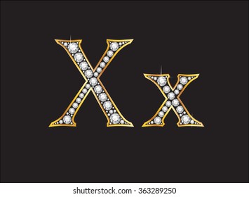 Xx in stunning diamond precious round jewels set into a 2-level gold gradient channel setting, isolated on black. Vector EPS-10 file, transparency used. 