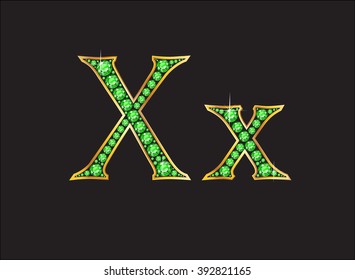 Xx in stunning peridot precious round jewels set into a 2-level gold gradient channel setting, isolated on black. Vector EPS-10 file, transparency used. 