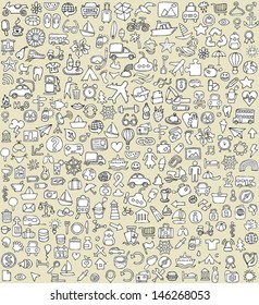 XXL Doodle Icons Set No.4 for every occasion in black-and-white. Small hand-drawn illustrations are isolated (group) on background and in eps8 vector mode.