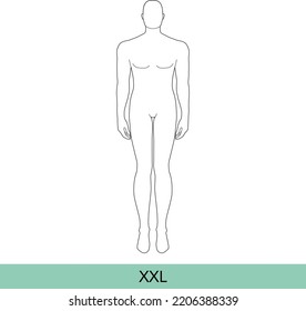 XXL Size Men Fashion Template 9 Nine Head Size Croquis Extra Large Plus Size Gentlemen Model Curvy Body Figure Front View. Vector Outline Boy For Fashion Design, Illustration, Technical Drawing