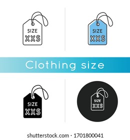 XXS size label icon. Linear black and RGB color styles. Kids garments parameters description. Extra small size informational tag for little children clothing. Isolated vector illustrations