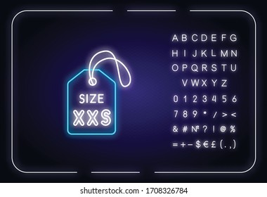 XXS size label neon light icon. Outer glowing effect. Kids garments parameters description sign with alphabet, numbers and symbols. Extra small size tag. Vector isolated RGB color illustration