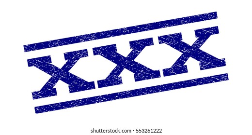 XXX watermark stamp. Text caption between parallel lines with grunge design style. Rubber seal stamp with dirty texture. Vector navy blue color ink imprint on a white background.