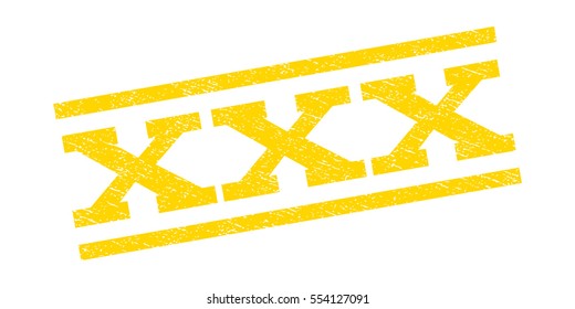 XXX watermark stamp. Text caption between parallel lines with grunge design style. Rubber seal stamp with unclean texture. Vector yellow color ink imprint on a white background.