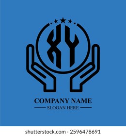 XY initials held within hands, symbolizing trust and protection. The circle represents unity, while stars highlight excellence and ambition.