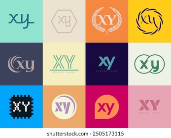 XY logo company template. Letter x and y logotype. Set different classic serif lettering and modern bold text with design elements. Initial font typography. Collection trendy business identity.