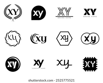 XY logo company template. Letter x and y logotype. Set different classic serif lettering and modern bold text with design elements. Initial font typography. Collection trendy business identity.