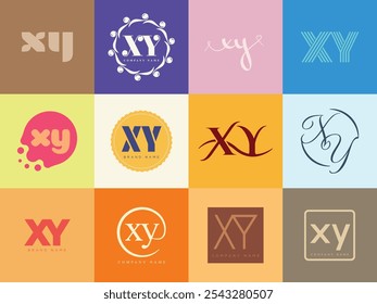 XY logo company template. Letter x and y logotype. Set different classic serif lettering and modern bold text with design elements. Initial font typography. Collection trendy business identity.