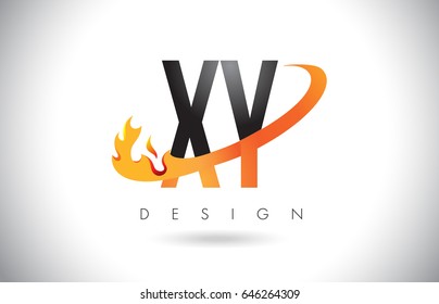 XY X Y Letter Logo Design with Fire Flames and Orange Swoosh Vector Illustration.