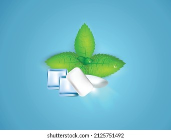 Xylitol Gum With Ice Cubes And Mint Leaves Vector Illustration 