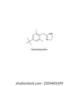 Xylometazoline flat skeletal molecular structure α1 agonist drug used in nasal congestion treatment. Vector illustration.