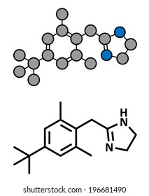 Xylometazoline nasal decongestant, chemical structure. Often used in nose spray and nose drops. Conventional skeletal formula and stylized representation. 