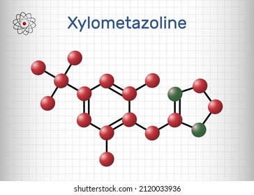 Xylometazoline, xylomethazoline molecule. It is used for the treatment of nasal congestion. Structural chemical formula and molecule model. Sheet of paper in a cage. Vector illustration