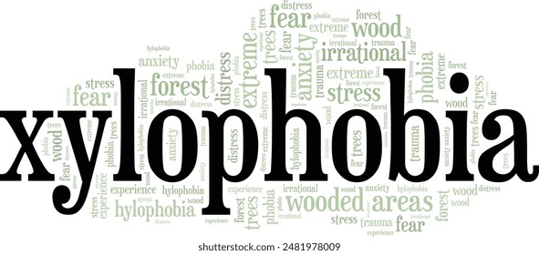 Xylophobia: Fear of Wooded Areas word cloud conceptual design isolated on white background.