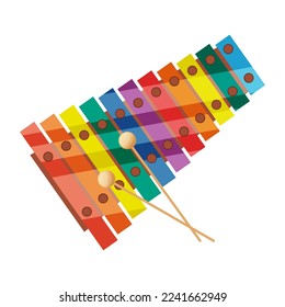 Xylophone baby toy rainbow color isolated on white background. Kids orchestra classical instrument with wooden sticks, drumstick. Colorful design preschool music class education. Vector illustration