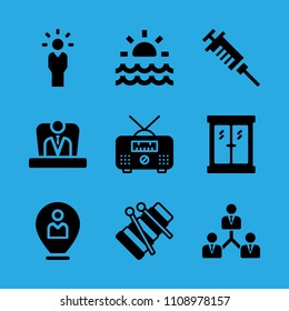 xylophone, boss, radio, window, manager, sunrise, collaboration, location and syringe vector icon. Simple icons set