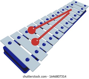 Xylophone. Children's percussion musical instrument. Metal plates and plastic sticks. Vector.