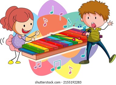 Xylophone with happy kids cartoon illustration
