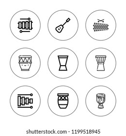 Xylophone icon set. collection of 9 outline xylophone icons with conga, djembe, kettledrum, mandolin, timpani icons. editable icons.