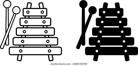 Xylophone Icons. Black and White Vector Icons. Percussion Musical Instrument. Sticks with Ball-Shaped Tips. Brazilian Carnival Concept