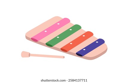 Xylophone, kids toy with wooden stick. Music instrument for children. Rhythm, melody, preschool education. Childish percussion for nursery. Flat vector illustration isolated on white background