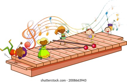 Xylophone with many happy kids and melody symbols isolated illustration