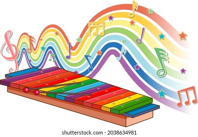 Xylophone with melody symbols on rainbow wave illustration