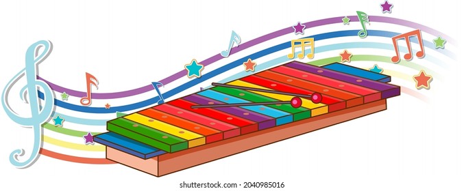 Xylophone with melody symbols on rainbow wave illustration