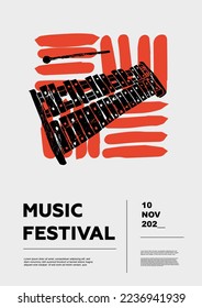 Xilófono. Afiche del festival de música. Instrumentos musicales de percusión. Competencia. Un conjunto de ilustraciones vectoriales. Diseño minimalista. Cartel, volante, portada, impresión.