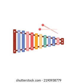 Xylophone musical instrument with colorful bars and two percussion mallets, cartoon flat vector illustration isolated on white background. Percussion musical instrument.