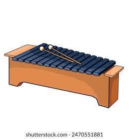 a xylophone, a musical instrument. It consists of blue bars arranged in order of pitch, mounted on a wooden frame. Two mallets rest on top of the bars, used to strike them and produce sound. 