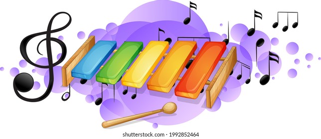 Xylophone musical instrument with melody symbols on purple splotch illustration