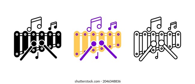 Xylophone and musical notes icon set. Entertainment and music icon. Art vector illustration set. Editable row set. Silhouette, colored, linear icon set.