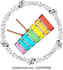 A xylophone with musical notes on white background illustration