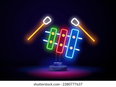 Xylophone neon icon. Music glowing sign. Musical instrument concept. Vector illustration for Sound recording studio design, advertising, signboards, vocal studio