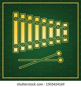 Xylophone sign. Golden icon with gold contour at dark green gridded background. Illustration.