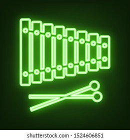 Xylophone sign. Green neon icon in the dark. Blurred lightening. Illustration.
