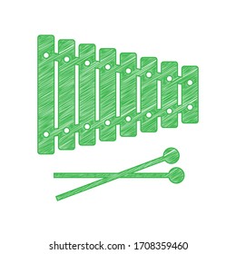 Xylophone sign. Green scribble Icon with solid contour on white background. Illustration.