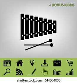 Xylophone sign. Vector. Black icon at gray background with bonus icons 